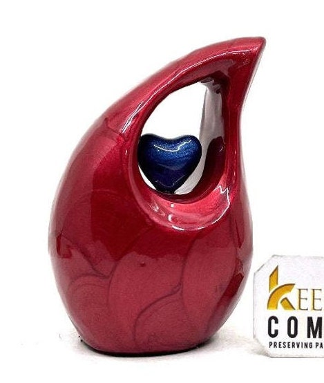 Red teardrop mini Cremation Urn with Dark Blue Heart for Human Ashes - Perfect for Adult and Infants