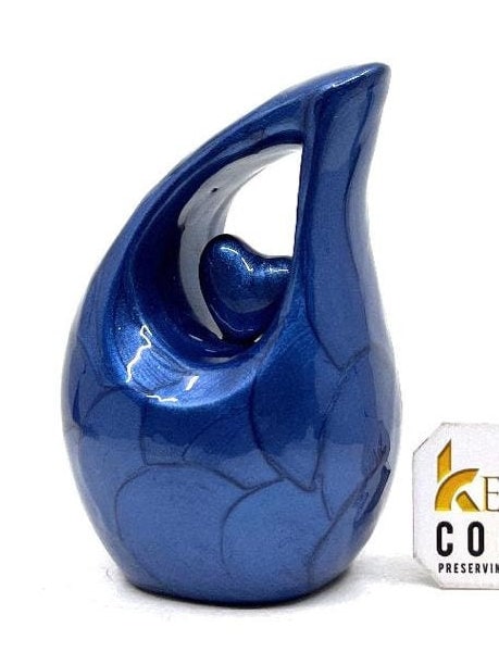 Dark Blue teardrop mini Cremation Urn with Blue Heart for Human Ashes - Perfect for Adult and Infants