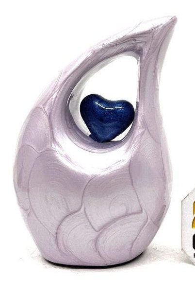 Lavender teardrop mini Cremation Urn with Dark Blue Heart for Human Ashes - Urn - Urn For Ashes - Keepsake Urn - Funeral Urn - Memorial Urn.