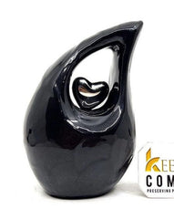 Black teardrop mini Cremation Urn with Silver Plated Heart for Human Ashes from Keepsake Company - Perfect for Adult and Infants