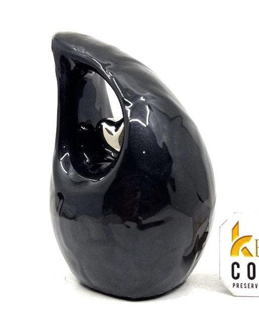 Black teardrop mini Cremation Urn with Silver Plated Heart for Human Ashes from Keepsake Company - Perfect for Adult and Infants