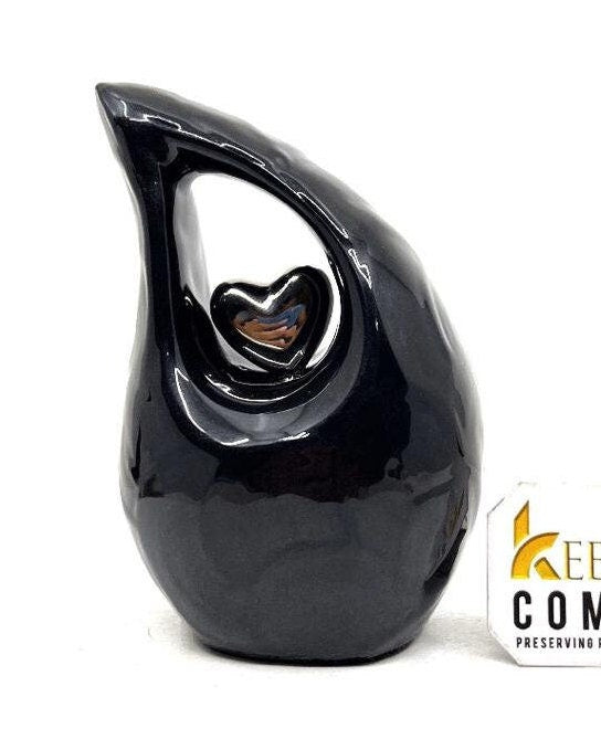 Black teardrop mini Cremation Urn with Silver Plated Heart for Human Ashes from Keepsake Company - Perfect for Adult and Infants