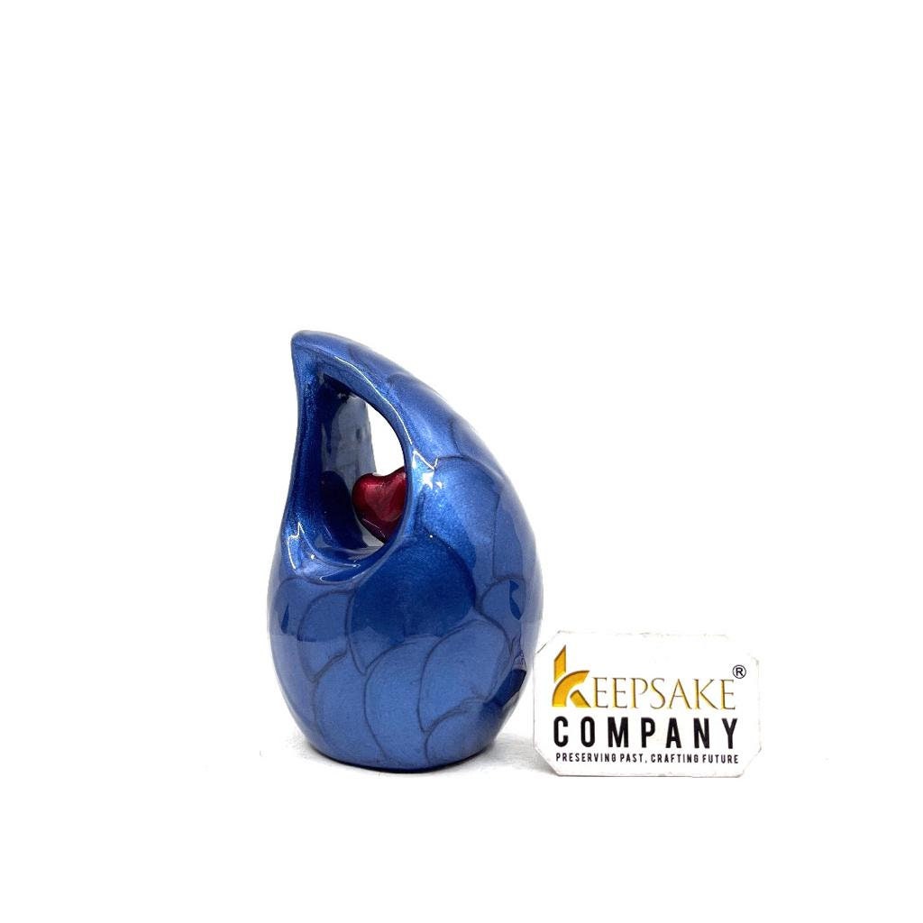 Roman Blue teardrop mini Cremation Urn with Red Heart for Human Ashes from Keepsake Company - Perfect for Adult and Infants