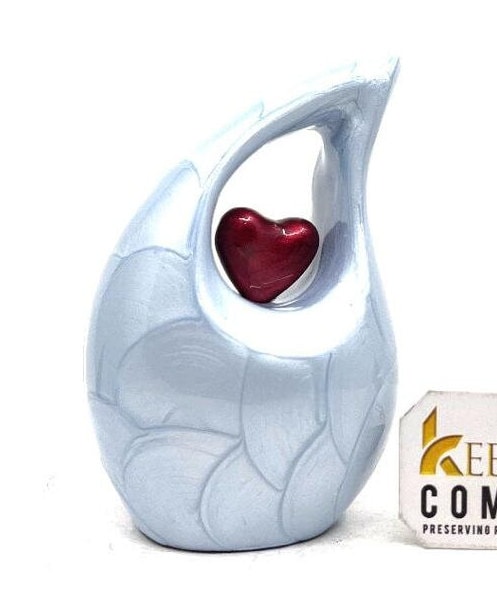 Blue teardrop mini Cremation Urn with Red Heart for Human Ashes - Mini Urn for Ash - Small Urn for Ash - Urn For Ashes from Keepsake Co.