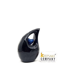 Black teardrop mini Cremation Urn with Dark Blue Heart for Human Ashes - Can be Engraved in Any Colour