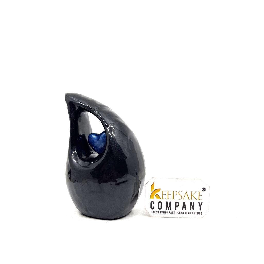 Black teardrop mini Cremation Urn with Dark Blue Heart for Human Ashes - Can be Engraved in Any Colour