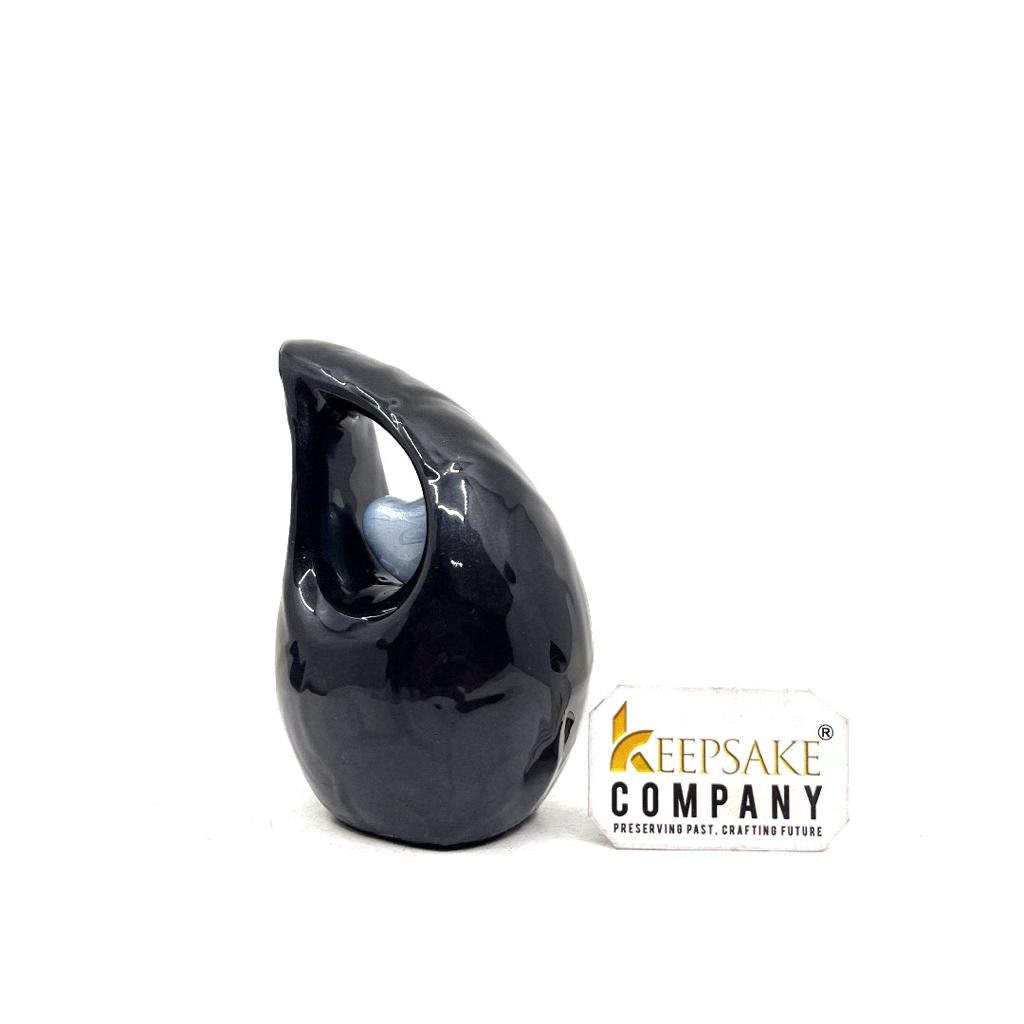 Black teardrop mini Cremation Urn with Light Blue Heart for Human Ashes from Keepsake Company - Perfect for Adult and Infants