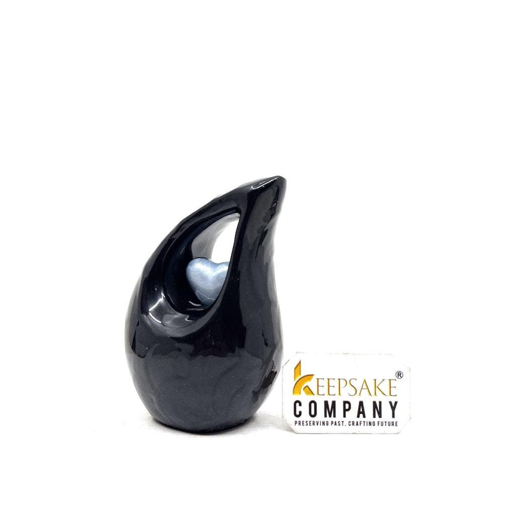 Black teardrop mini Cremation Urn with Light Blue Heart for Human Ashes from Keepsake Company - Perfect for Adult and Infants