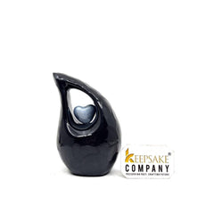 Black teardrop mini Cremation Urn with Light Blue Heart for Human Ashes from Keepsake Company - Perfect for Adult and Infants