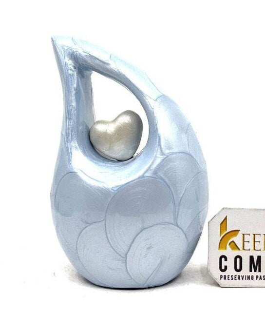 Light Blue teardrop mini Cremation Urn with White Heart for Human Ashes from Keepsake Company - Perfect for Adult and Infants