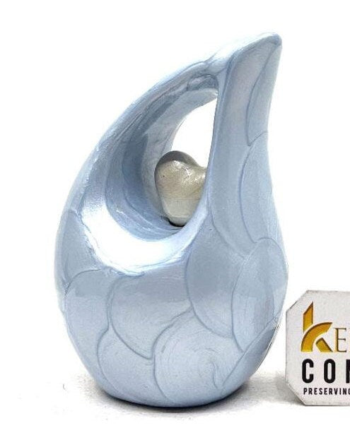 Light Blue teardrop mini Cremation Urn with White Heart for Human Ashes from Keepsake Company - Perfect for Adult and Infants