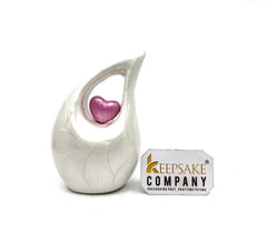 Pearl white teardrop mini Cremation Urn with Pink Heart for Human Ashes - Perfect for Adult and Infants from Keepsake Company