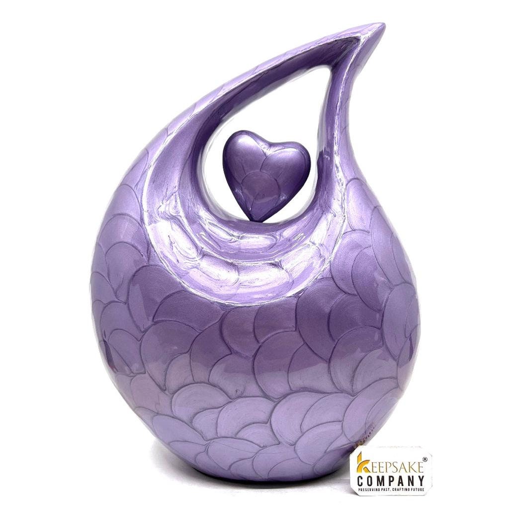 Keepsake Company's Dark Purple Pearl teardrop Enamel Adult Cremation Urn with Purple Heart For Human Ashes