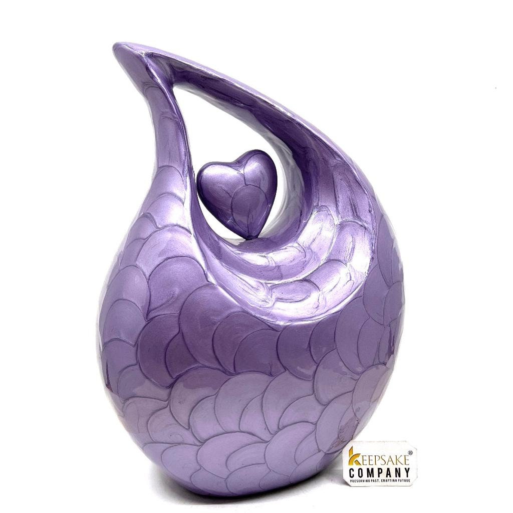 Keepsake Company's Dark Purple Pearl teardrop Enamel Adult Cremation Urn with Purple Heart For Human Ashes