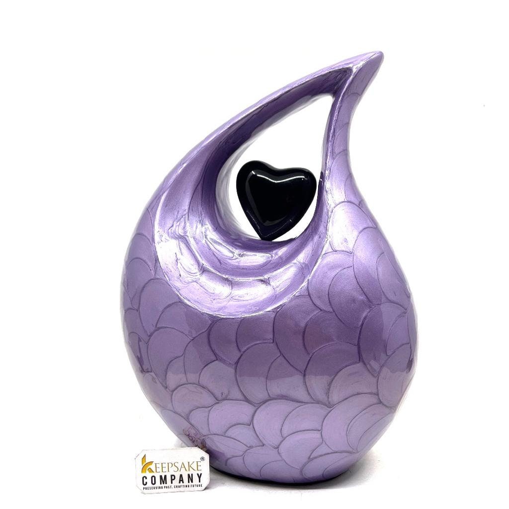 Keepsake Company's Dark Purple Pearl teardrop Enamel Adult Cremation Urn with shining Black Heart For Human Ashes