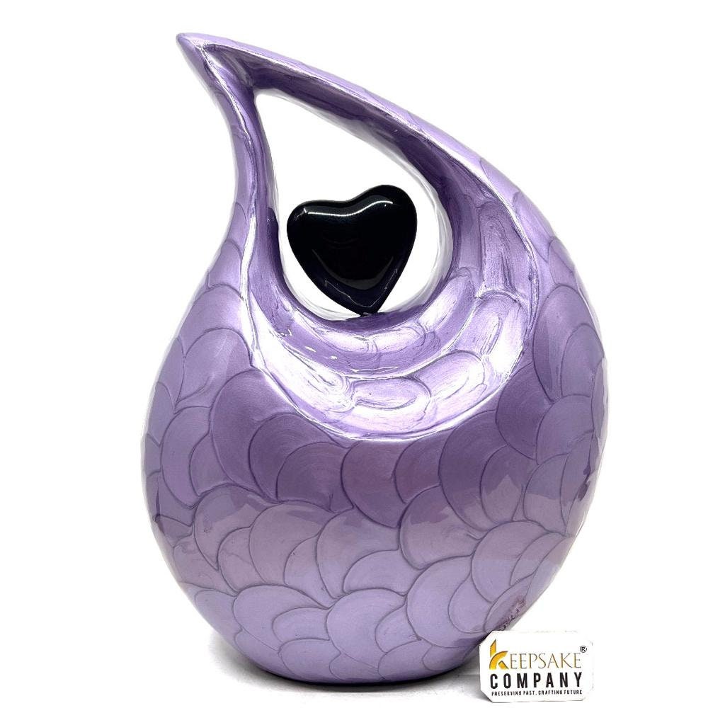 Keepsake Company's Dark Purple Pearl teardrop Enamel Adult Cremation Urn with shining Black Heart For Human Ashes