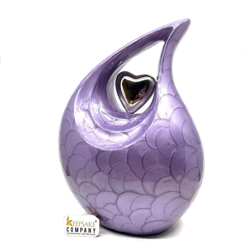 Keepsake Company's Dark Purple Pearl teardrop Enamel Adult Cremation Urn with shining Silver color  Heart For Human Ashes