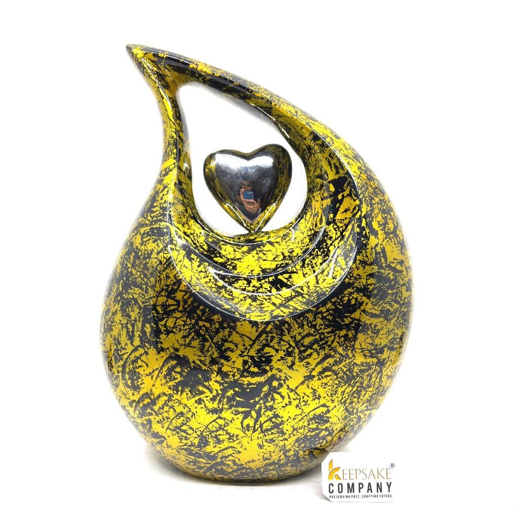 Golden Yellow and Black Color Burst Tie - Dye Adult Teardrop Urn for Human Ashes from Keepsake Company