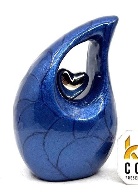 Blue teardrop mini Cremation Urn with silver plated Heart for Human Ashes - Perfect for Adult and Infants