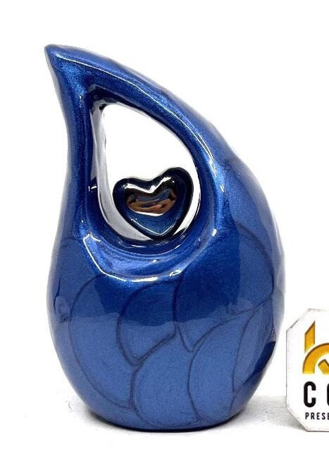 Blue teardrop mini Cremation Urn with silver plated Heart for Human Ashes - Perfect for Adult and Infants