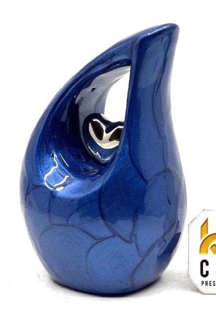 Blue teardrop mini Cremation Urn with silver plated Heart for Human Ashes - Perfect for Adult and Infants