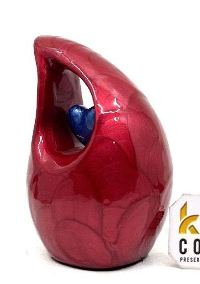 Red teardrop mini Cremation Urn with Dark Blue Heart for Human Ashes - Perfect for Adult and Infants