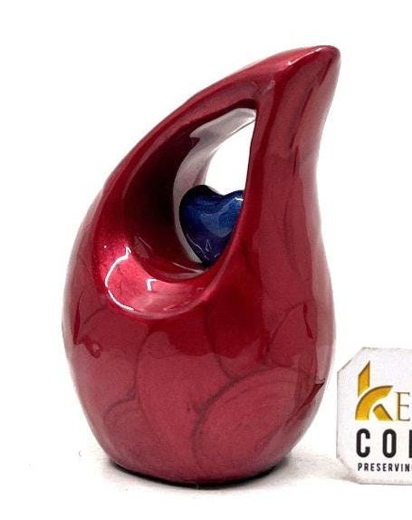 Red teardrop mini Cremation Urn with Dark Blue Heart for Human Ashes - Perfect for Adult and Infants