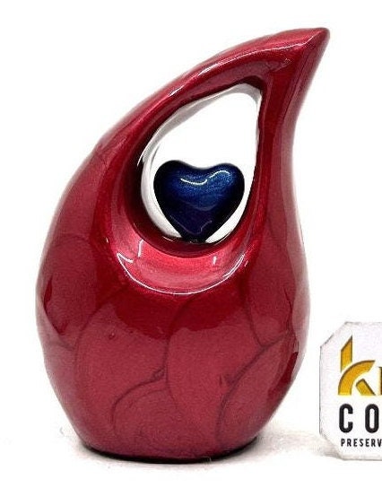 Red teardrop mini Cremation Urn with Dark Blue Heart for Human Ashes - Perfect for Adult and Infants
