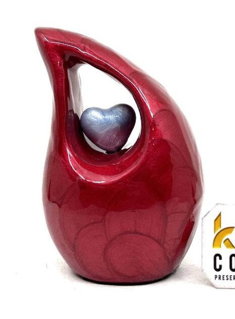 Red teardrop mini Cremation Urn with Light Blue Heart for Human Ashes - Perfect for Adult and Infants