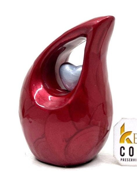 Red teardrop mini Cremation Urn with Light Blue Heart for Human Ashes - Perfect for Adult and Infants