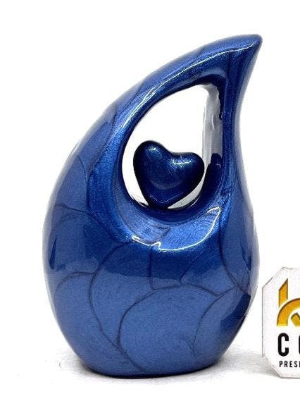 Dark Blue teardrop mini Cremation Urn with Blue Heart for Human Ashes - Perfect for Adult and Infants