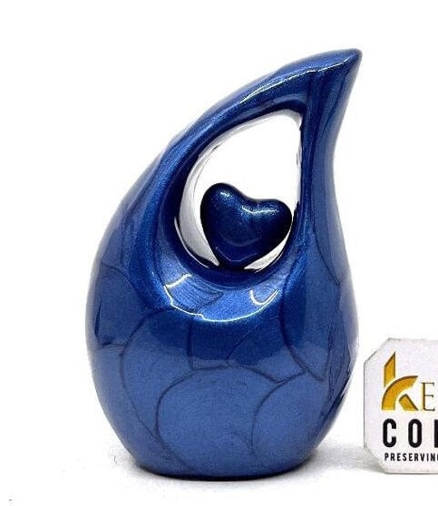 Dark Blue teardrop mini Cremation Urn with Blue Heart for Human Ashes - Perfect for Adult and Infants