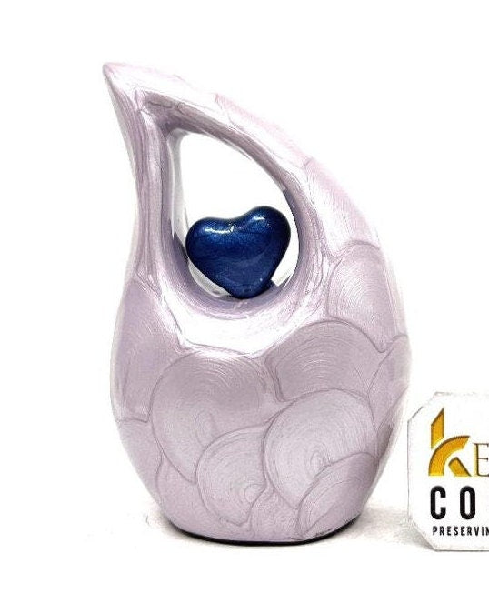 Lavender teardrop mini Cremation Urn with Dark Blue Heart for Human Ashes - Urn - Urn For Ashes - Keepsake Urn - Funeral Urn - Memorial Urn.