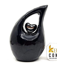 Black teardrop mini Cremation Urn with Silver Plated Heart for Human Ashes from Keepsake Company - Perfect for Adult and Infants