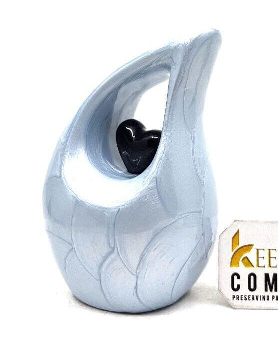 Light Blue teardrop mini Cremation Urn with Black Heart for Human Ashes from Keepsake Company - Perfect for Adult and Infants