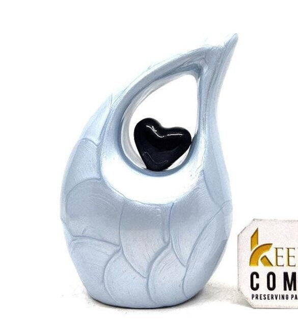 Light Blue teardrop mini Cremation Urn with Black Heart for Human Ashes from Keepsake Company - Perfect for Adult and Infants