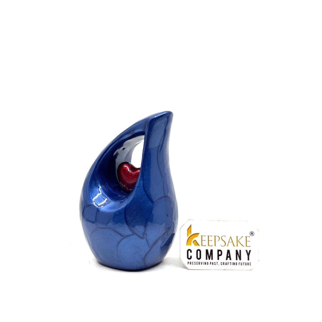 Roman Blue teardrop mini Cremation Urn with Red Heart for Human Ashes from Keepsake Company - Perfect for Adult and Infants