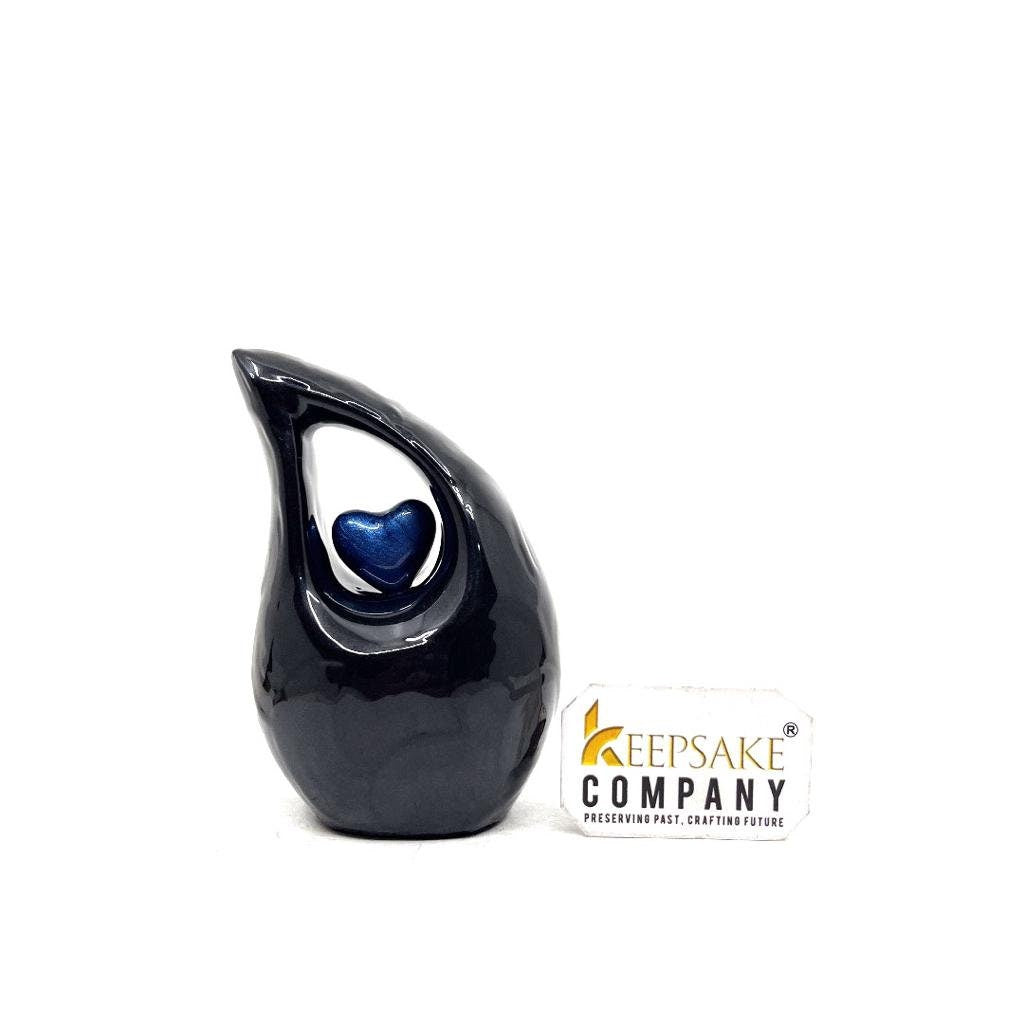 Black teardrop mini Cremation Urn with Dark Blue Heart for Human Ashes - Can be Engraved in Any Colour