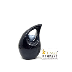 Black teardrop mini Cremation Urn with Light Blue Heart for Human Ashes from Keepsake Company - Perfect for Adult and Infants