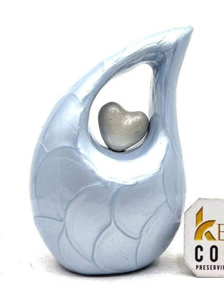 Light Blue teardrop mini Cremation Urn with White Heart for Human Ashes from Keepsake Company - Perfect for Adult and Infants