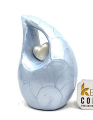 Light Blue teardrop mini Cremation Urn with White Heart for Human Ashes from Keepsake Company - Perfect for Adult and Infants