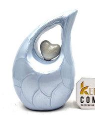 Light Blue teardrop mini Cremation Urn with White Heart for Human Ashes from Keepsake Company - Perfect for Adult and Infants