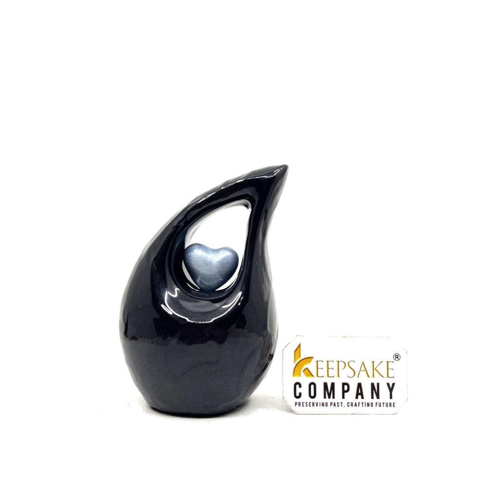 Black teardrop mini Cremation Urn with Light Blue Heart for Human Ashes from Keepsake Company - Perfect for Adult and Infants