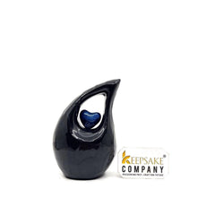 Black teardrop mini Cremation Urn with Dark Blue Heart for Human Ashes - Can be Engraved in Any Colour