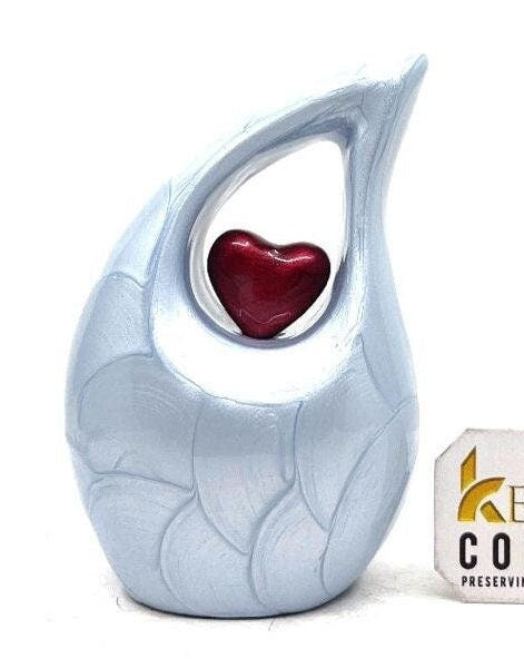 Blue teardrop mini Cremation Urn with Red Heart for Human Ashes - Mini Urn for Ash - Small Urn for Ash - Urn For Ashes from Keepsake Co.