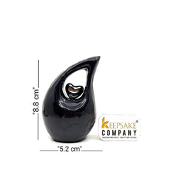 Black teardrop mini Cremation Urn with Silver Plated Heart for Human Ashes from Keepsake Company - Perfect for Adult and Infants