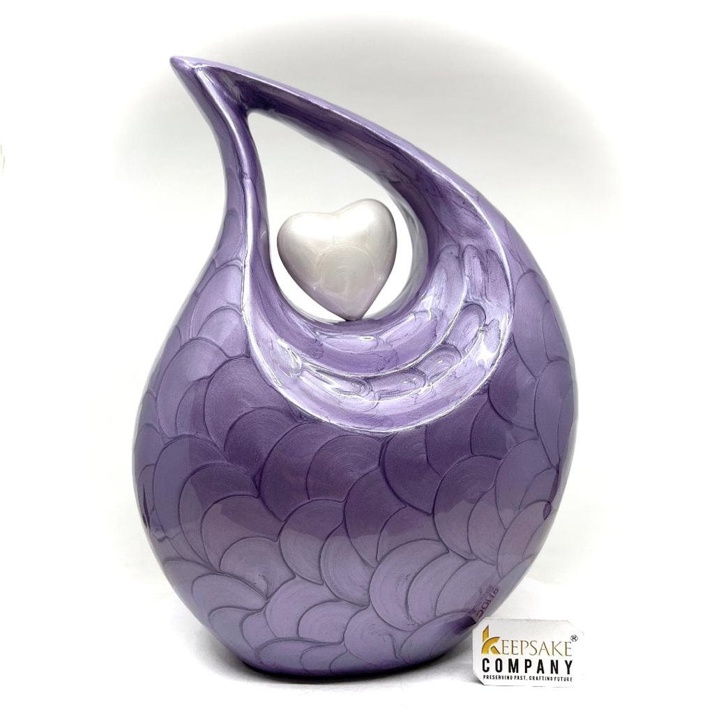 Dark Purple Pearl teardrop Enamel Adult Cremation Urn with White Heart For Human Ashes by Keepsake Company