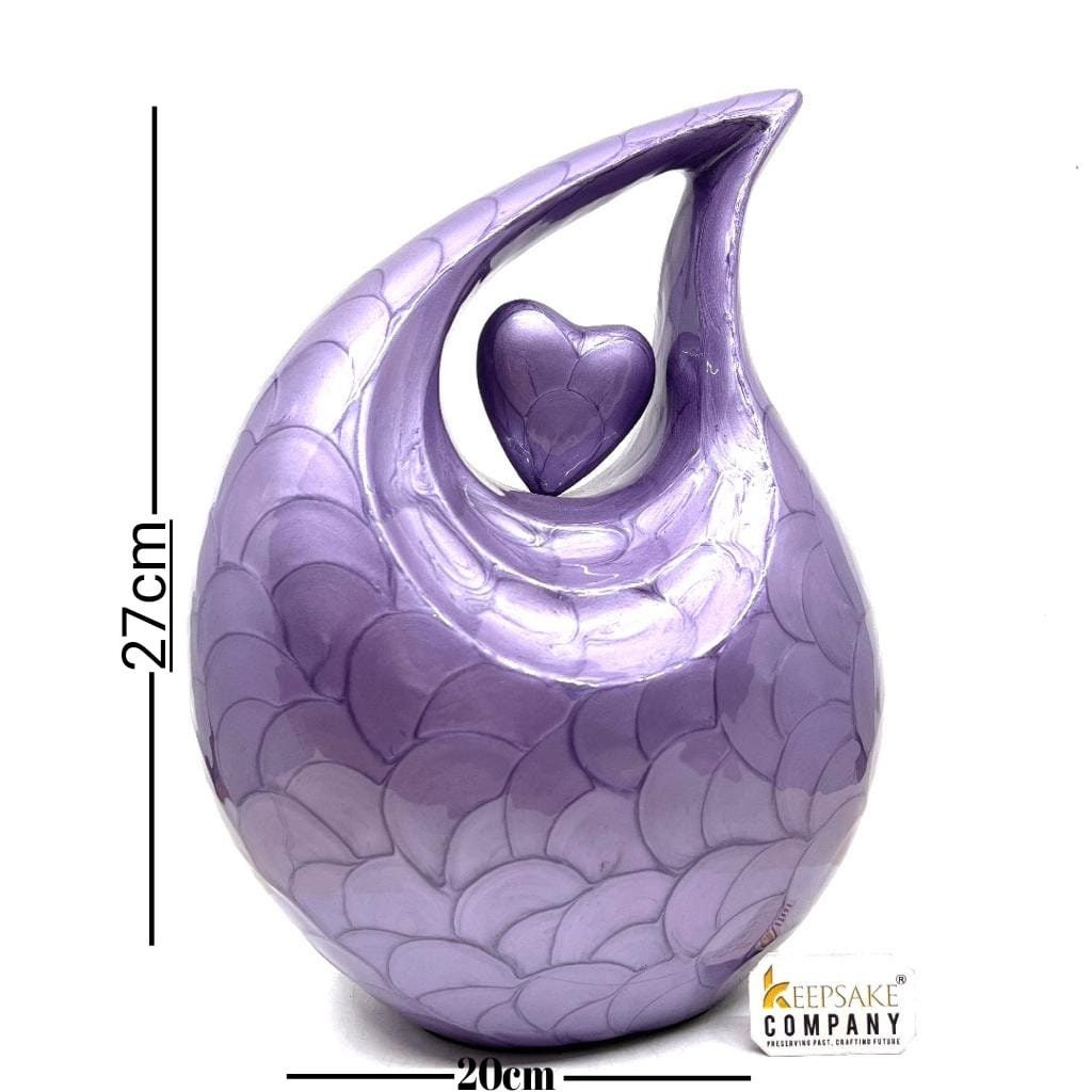 Keepsake Company's Dark Purple Pearl teardrop Enamel Adult Cremation Urn with Purple Heart For Human Ashes