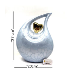 Keepsake Company's  Pearl LIght Blue Enamel  Adult teardrop Cremation Urn with 24 carat Gold plated brass heart For Human Ashes