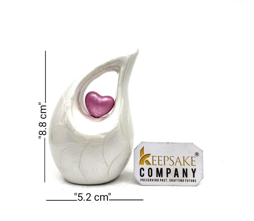 Pearl white teardrop mini Cremation Urn with Pink Heart for Human Ashes - Perfect for Adult and Infants from Keepsake Company